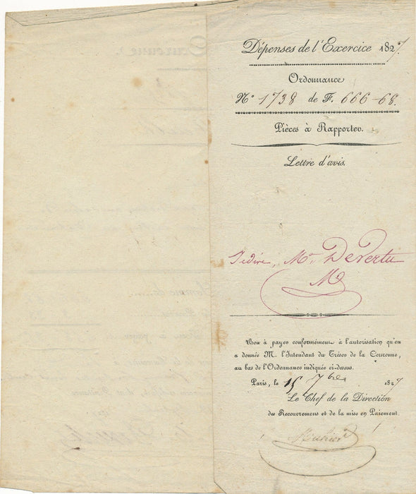 peintre Gobelins Charles Adrien DEVERTU quittance signée 1825 exécution tapis