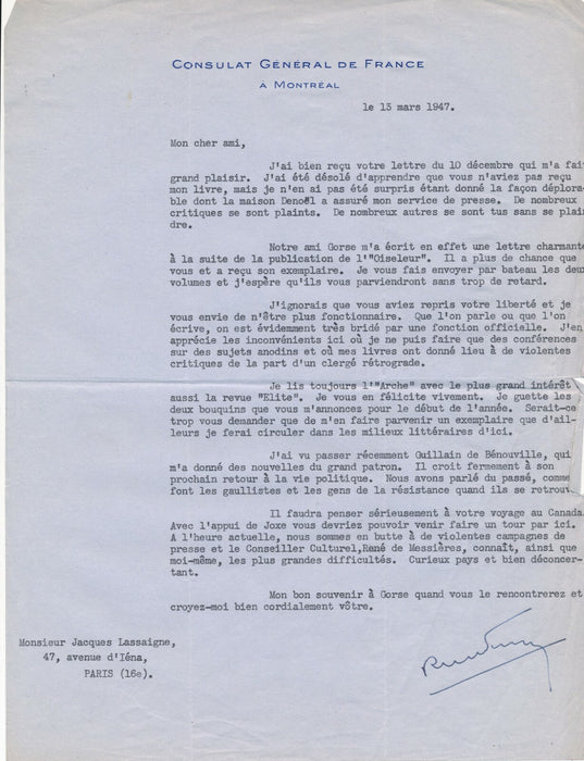 Robert VICTOR Baïf De Gaulle a envie de revenir Bénouville 2 lettres signées