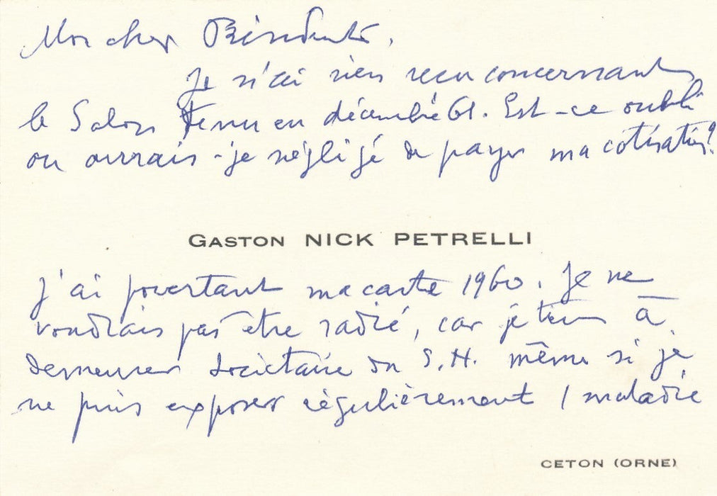 Graveur Gaston NICK-PETRELLI 3 lettres autographes 1 CAS Corse Ceton Orne