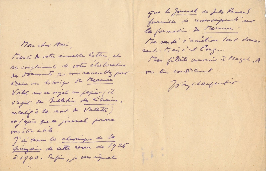 John CHARPENTIER 4 lettres autographes signées cite Henri Mazel Mercure France