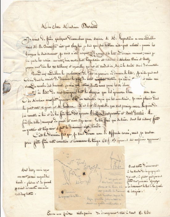 Edmond TUDOT lithographie Moulins lettre autographe signée et dessin 1852