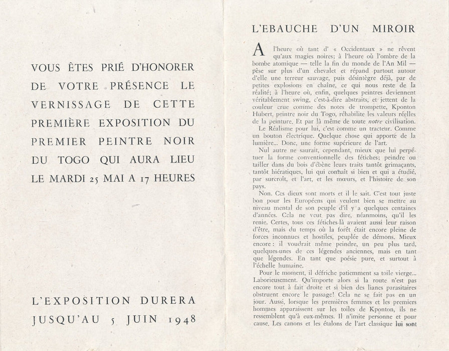 Hubert KPONTON peintre Togo dépliant invitation 1948 Jakovsky Galerie Scherel