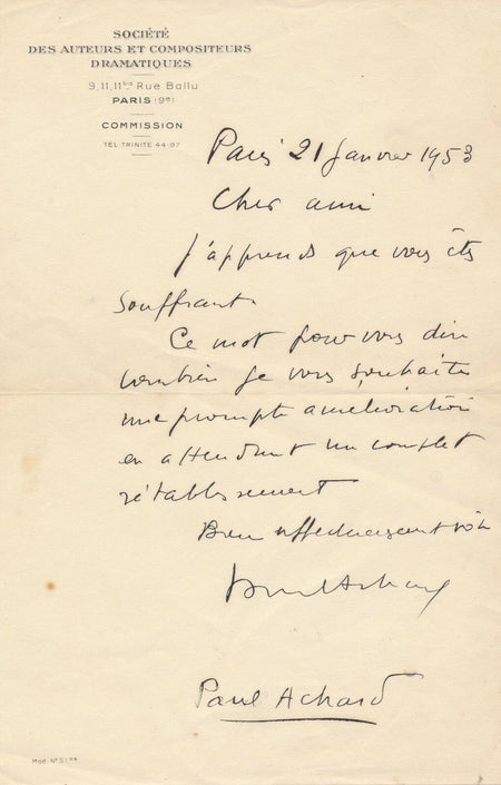Paul ACHARD dramaturge écrivain 2 lettre autographe à Maurice Rostand