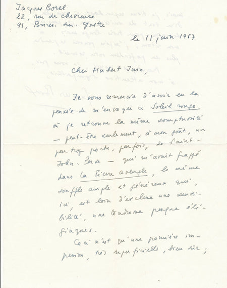 Jacques BOREL à Hubert JUIN Soleil rouge Pierre aveugle lettre autographe signée
