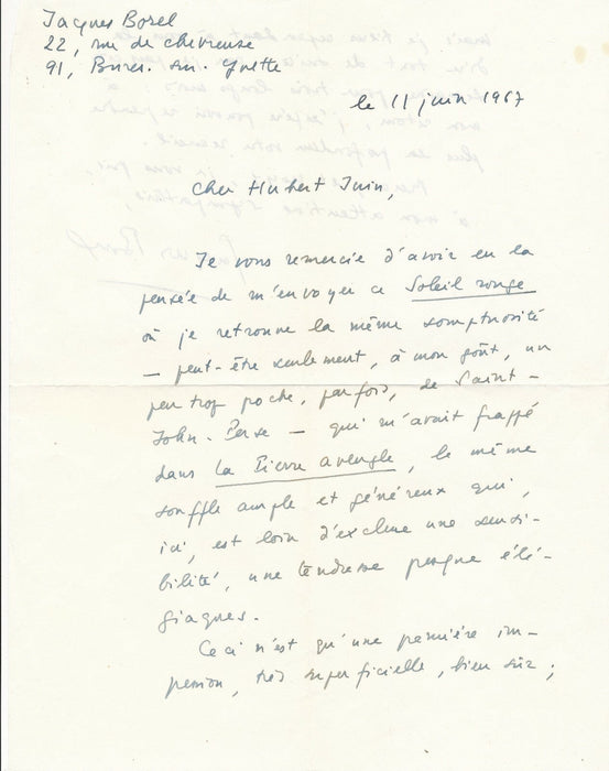 Jacques BOREL à Hubert JUIN Soleil rouge Pierre aveugle lettre autographe signée
