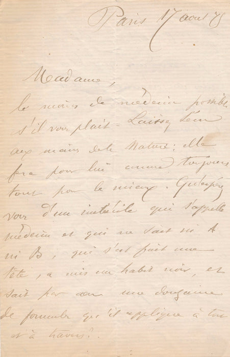 Médecin intéressante et amusante Lettre autographe signée de Paul Lorain 1875