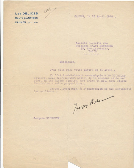 Jacques RICHEPIN dramaturge succession père lettre signée Edouard Chimot