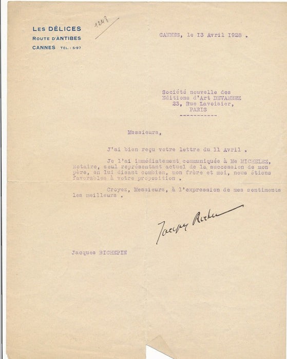 Jacques RICHEPIN dramaturge succession père lettre signée Edouard Chimot