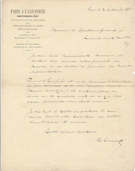 Richard LESCLIDE Lettre autographe signée Paris à l’eau-forte journal Hugo