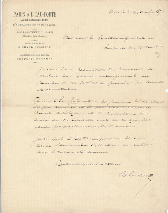 Richard LESCLIDE Lettre autographe signée Paris à l’eau-forte journal Hugo