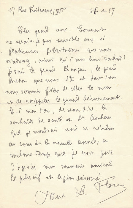Paul LE FLEM rend hommage grand Français grand Breton lettre autographe signée