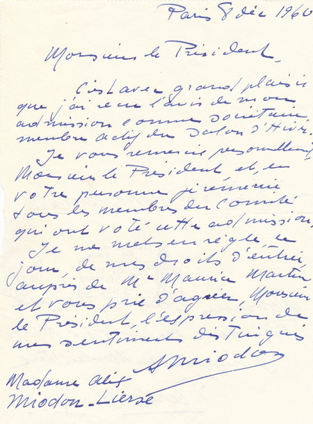Alix MIODON ou MIODON-LIERSE lettre autographe signée sociétaire salon d'Hiver
