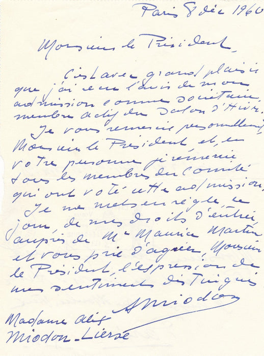 Alix MIODON ou MIODON-LIERSE lettre autographe signée sociétaire salon d'Hiver