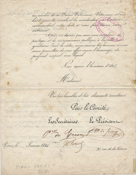 Horace Vernet signature Mont-Carmel Comité Paris document peintre Craon Fernig