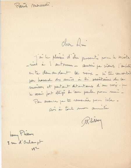 Henri Plisson Lettre autographe signée Delatousche sociétaire Salon Automne