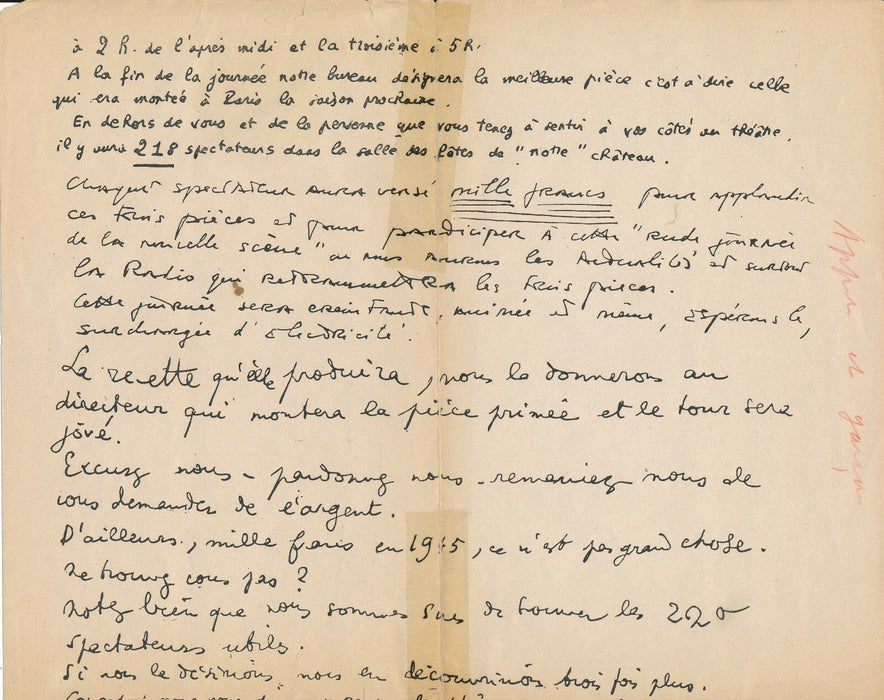 Marcel JOUHANDEAU manuscrit autographe 2 p. Dun-le-Palestel et BAT signé