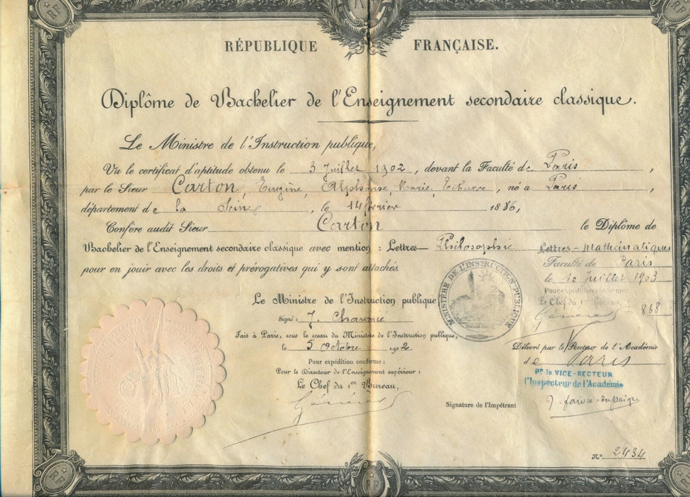diplome bachelier 1902 philosophie mathématique signatures époque