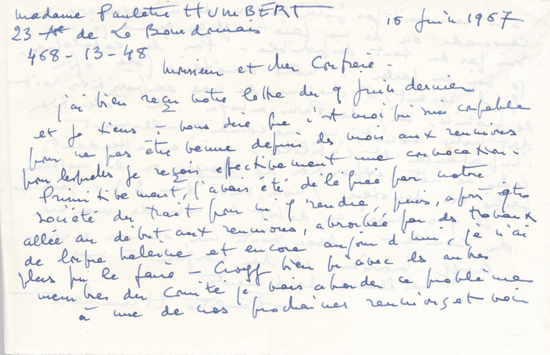 Paulette HUMBERT gravure carte voeux et lettres autographe signée