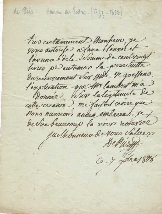 Augustin de PIIS  lettre autographe signée poursuite créance Mde de Goeffrens 
