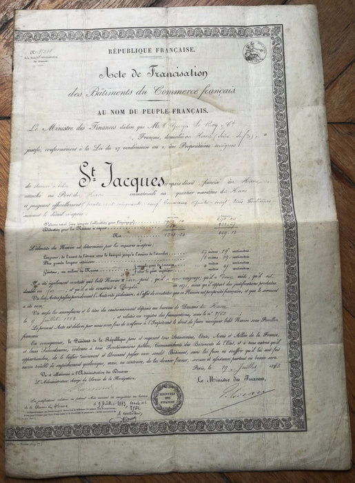 Marine Histoire acte de francisation St Jacques  steamer Le Havre Normandie 1883