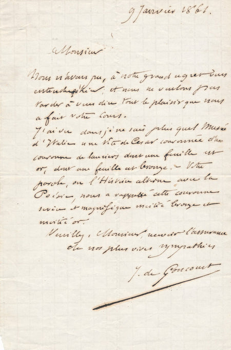 Jules de GONCOURT lettre autographe signée couronne moitié bronze moitié or