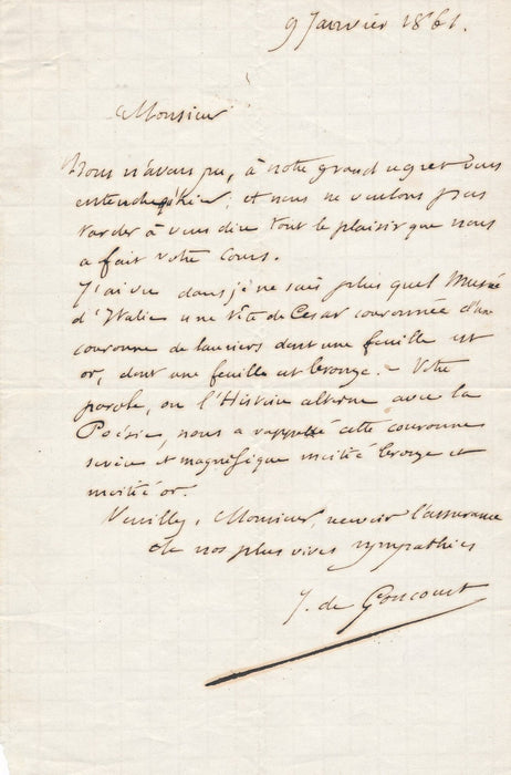 Jules de GONCOURT lettre autographe signée couronne moitié bronze moitié or