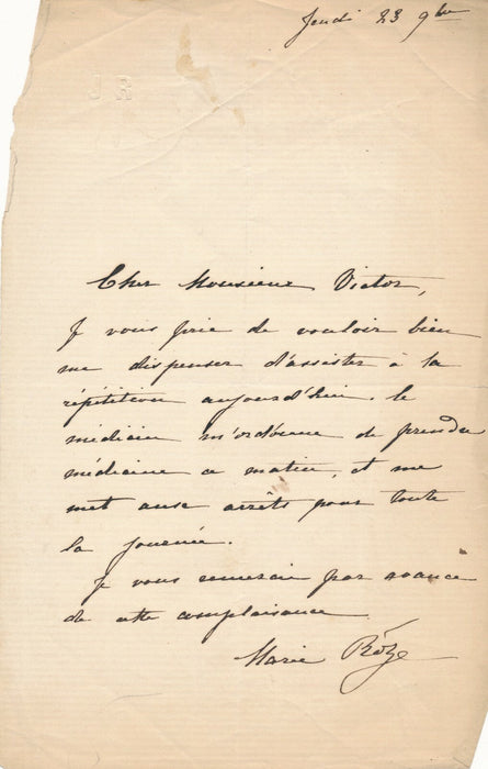 Marie ROZE cantatrice lettre autographe signée mise aux arrêts !