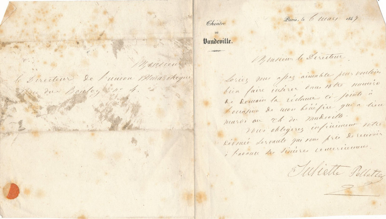 Juliette PELLETIER représentation à son bénéfice théâtre du Vaudeville lettre
