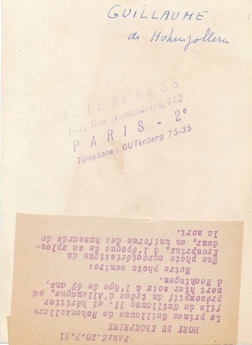 Guillaumen de Hohenzollerne photo photographie presse légende  Kronprinz 