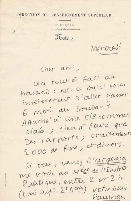 Aller au Soudan Jean Paulhan à Marcel Sauvage amusante lettre autographe signée