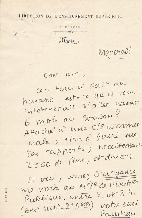 Aller au Soudan Jean Paulhan à Marcel Sauvage amusante lettre autographe signée
