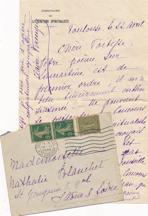 Claire VIRENQUE poète 3 lettres autographes signées concours spiritualiste
