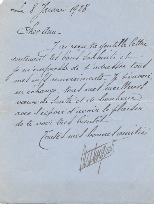 Mistinguett lettre autographe signée bonne année 1928 et pastiche sonnet Arvers