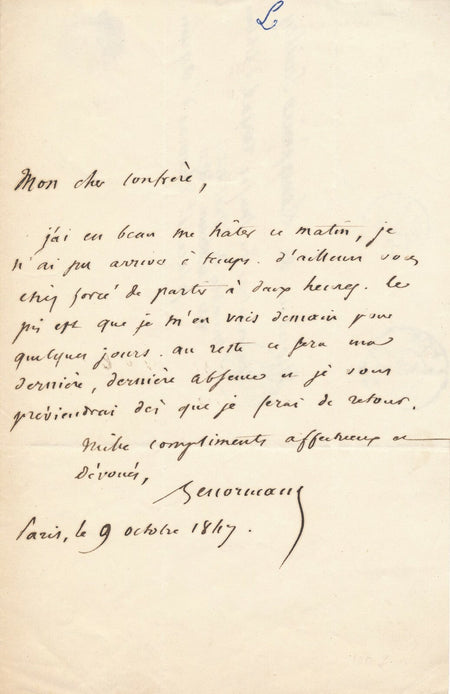 Charles LENORMANT archéologue Lettre autographe signée à Félicien de Saulcy