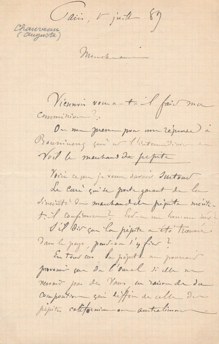 Minéralogie Auguste CHAUVEAU enquête sur pépite ! Lettre autographe signée 1889
