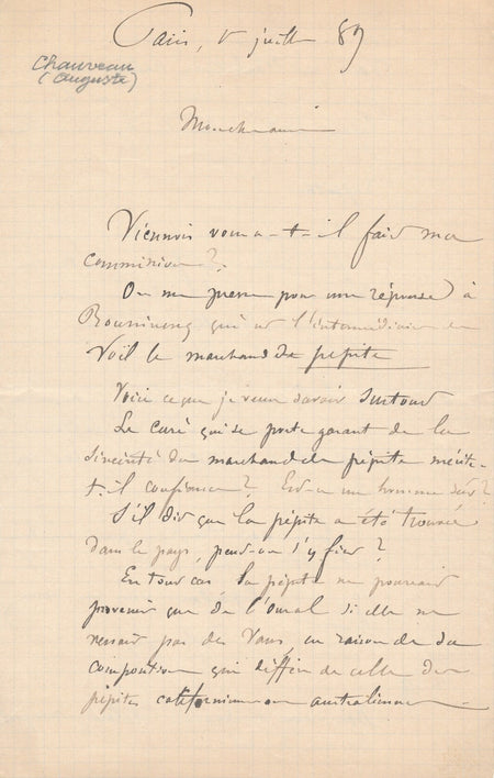 Minéralogie Auguste CHAUVEAU enquête sur pépite ! Lettre autographe signée 1889
