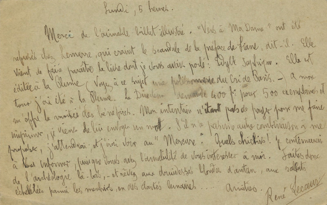 René Le Cœur lettre autographe à G. Olmer sur Liane de Pougy Idylle saphique