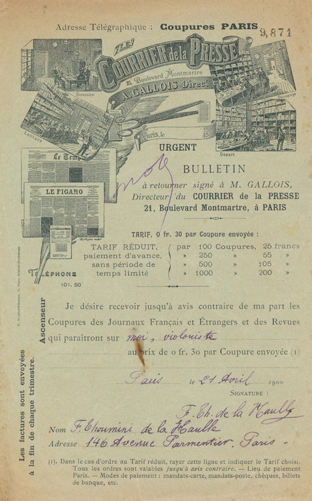 Félix THOUMINI DE LA HAULLE lettre signée violoniste coupure presse sur lui