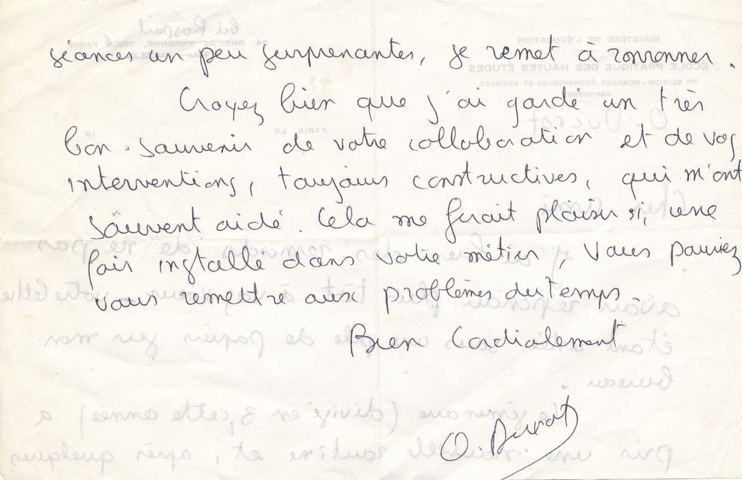 Oswald DUCROT évoque son séminaire et le temps lettre autographe