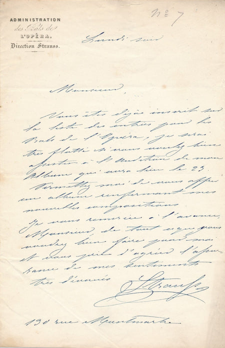 compositeur Isaac STRAUSS bals de l'Opéra à Prémaray lettre autographe signée
