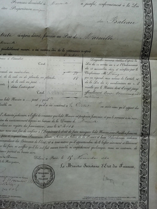 Acte signé Magne francisation navire Saint Jean-Baptiste, Marseille Jourdan 1860