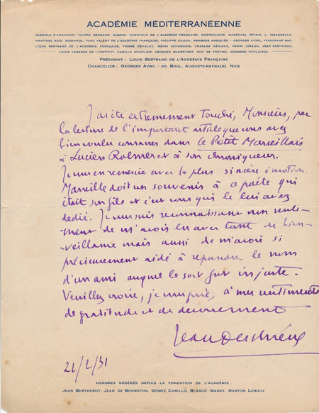 François Jean Desthieux lettre autographe signée Lucien Rolmer poète 1931