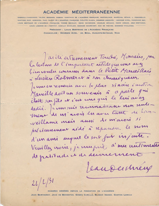 François Jean Desthieux lettre autographe signée Lucien Rolmer poète 1931