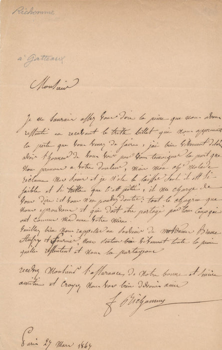 Théodore RICHOMME lettre autographe signée gravure Édouard Gatteaux