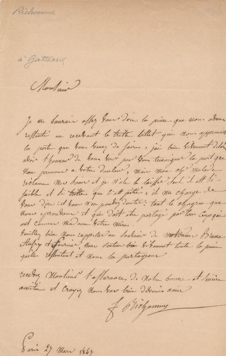Théodore RICHOMME lettre autographe signée gravure Édouard Gatteaux