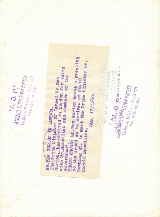 Ben GOURION, Premier Ministre d’Israël, 1960 photo photographie époque