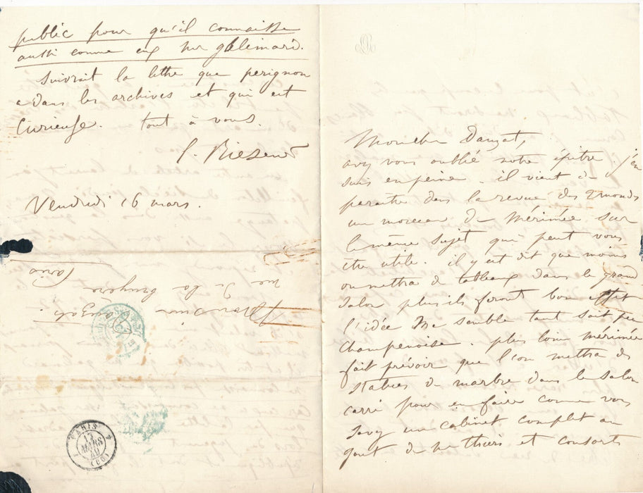Léon RIESENER réaménagement du Louvre Lettre autographe signée Adrien DAUZATS