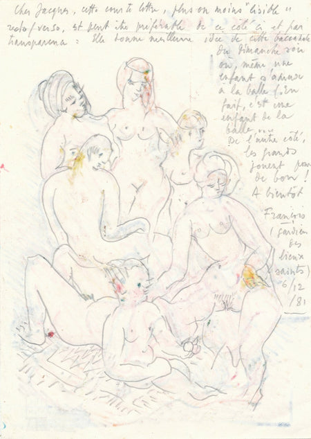 François JACQUEMIN peintre lettre autographe illustrée 2 dessins coquins nu