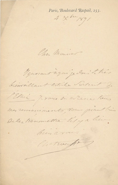 Émile-François CHATROUSSE sculpteur lettre autographe signée article presse