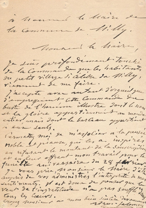Antoine Samuel ADAM-SALOMON réalise buste de Lamartine lettre autographe signée